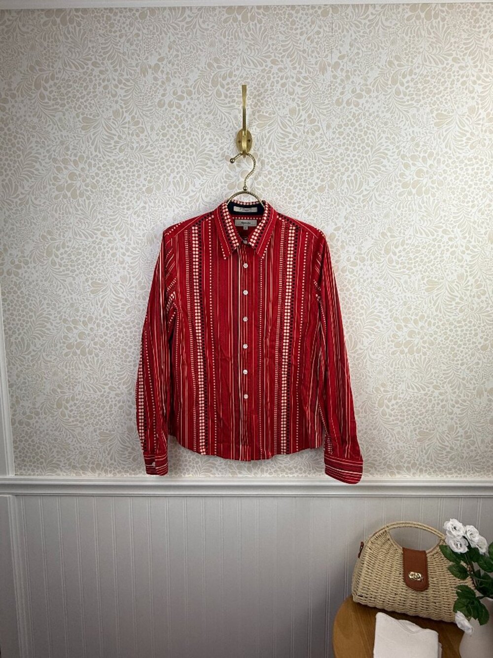 Faconnable Cotton Blend Red Dot Striped Button-Down Shirt - Size - Small